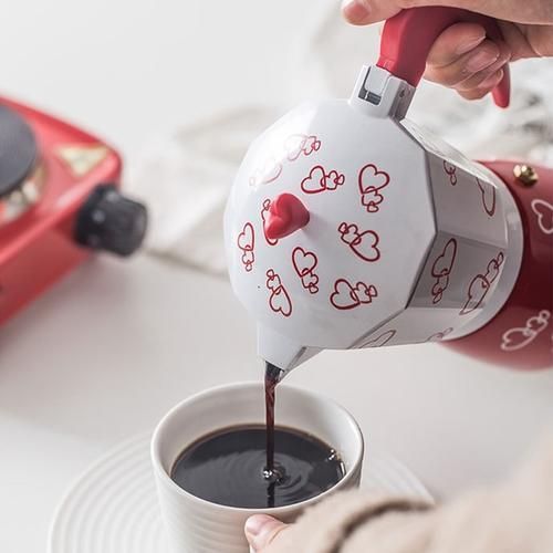 300ml Red Heart Printed Coffee Maker Aluminum Alloy Moka Pot Espresso Mocha Latte Percolator Filter Cafetera For Kitchen