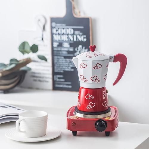 300ml Red Heart Printed Coffee Maker Aluminum Alloy Moka Pot Espresso Mocha Latte Percolator Filter Cafetera For Kitchen