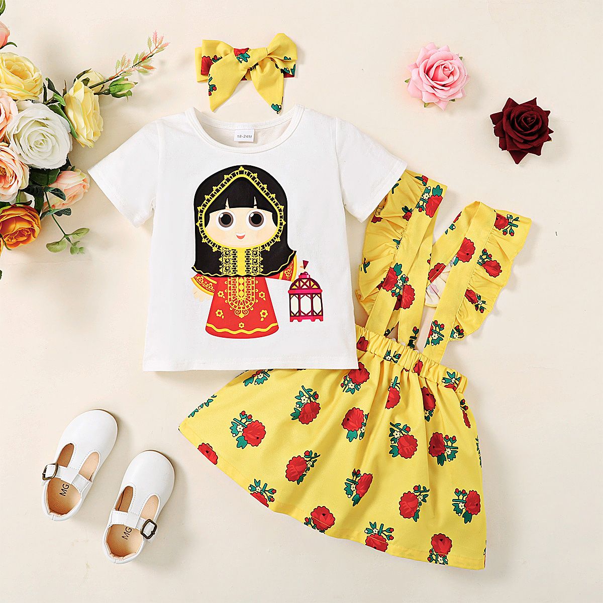 Kid Girls Clothing Set Cartoon Muslim Girl Short Sleeve T-shirt Suspender Skirt