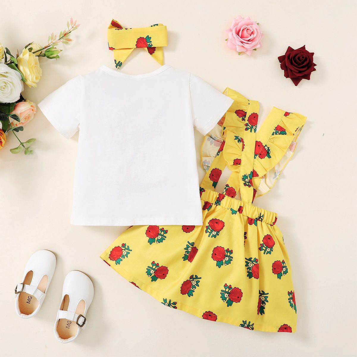 Kid Girls Clothing Set Cartoon Muslim Girl Short Sleeve T-shirt Suspender Skirt