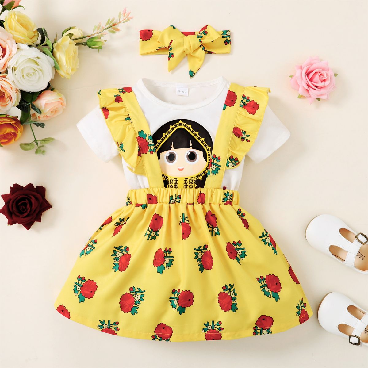 Kid Girls Clothing Set Cartoon Muslim Girl Short Sleeve T-shirt Suspender Skirt