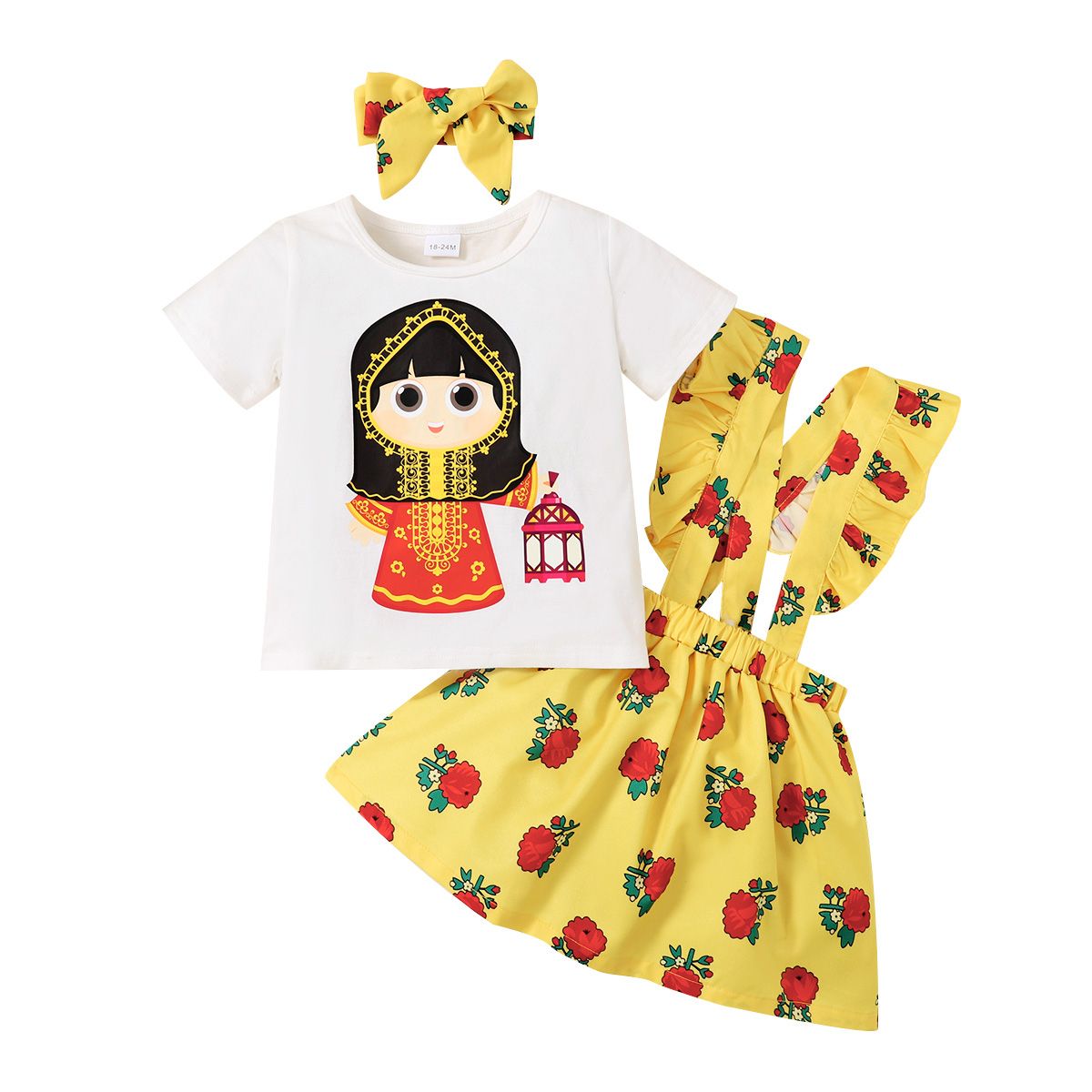Kid Girls Clothing Set Cartoon Muslim Girl Short Sleeve T-shirt Suspender Skirt