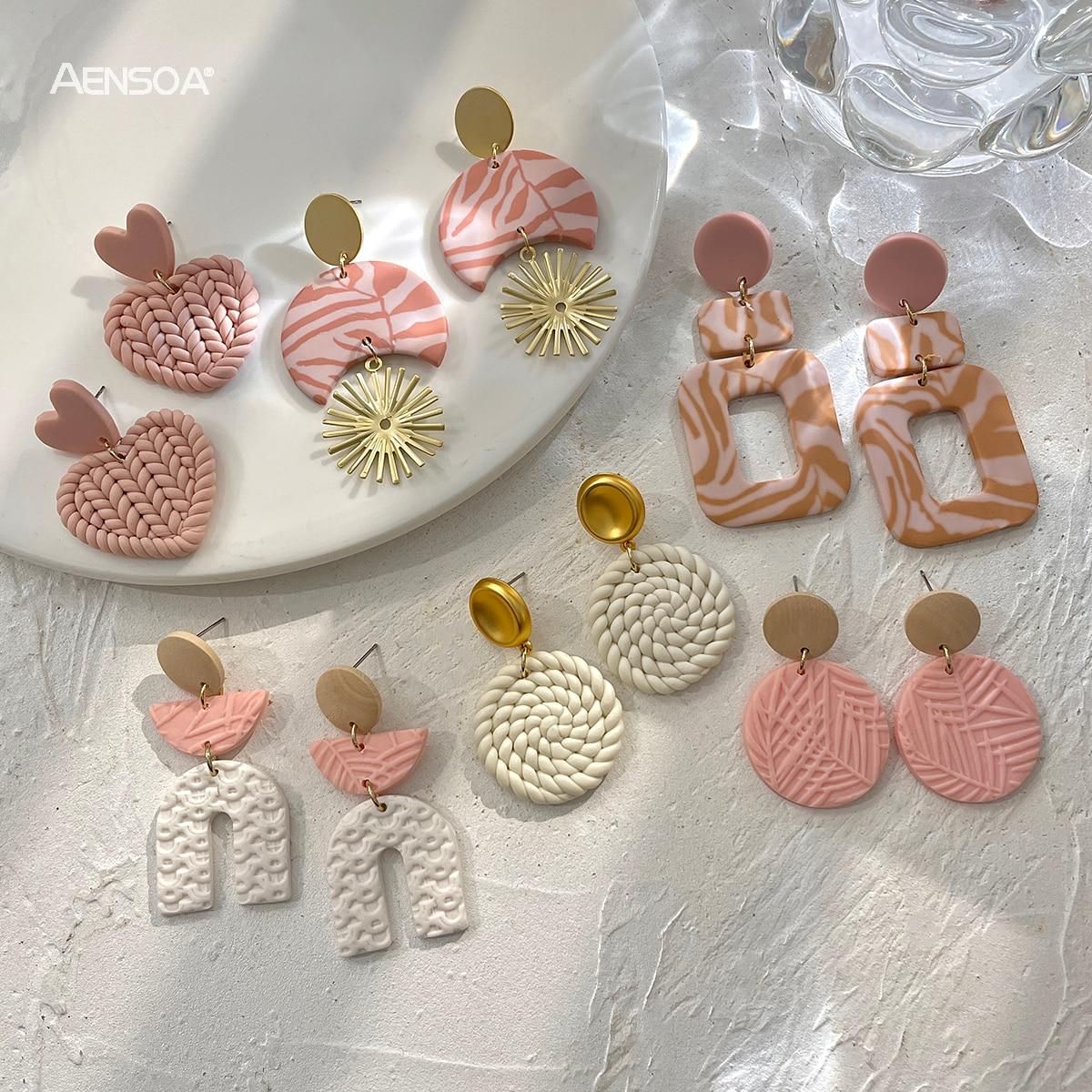 AENSOA Unique White Pink Polymer Clay Earrings for Women Handmade Braided Molded Leaf Pattern Geometric Clay Earrings Jewelry