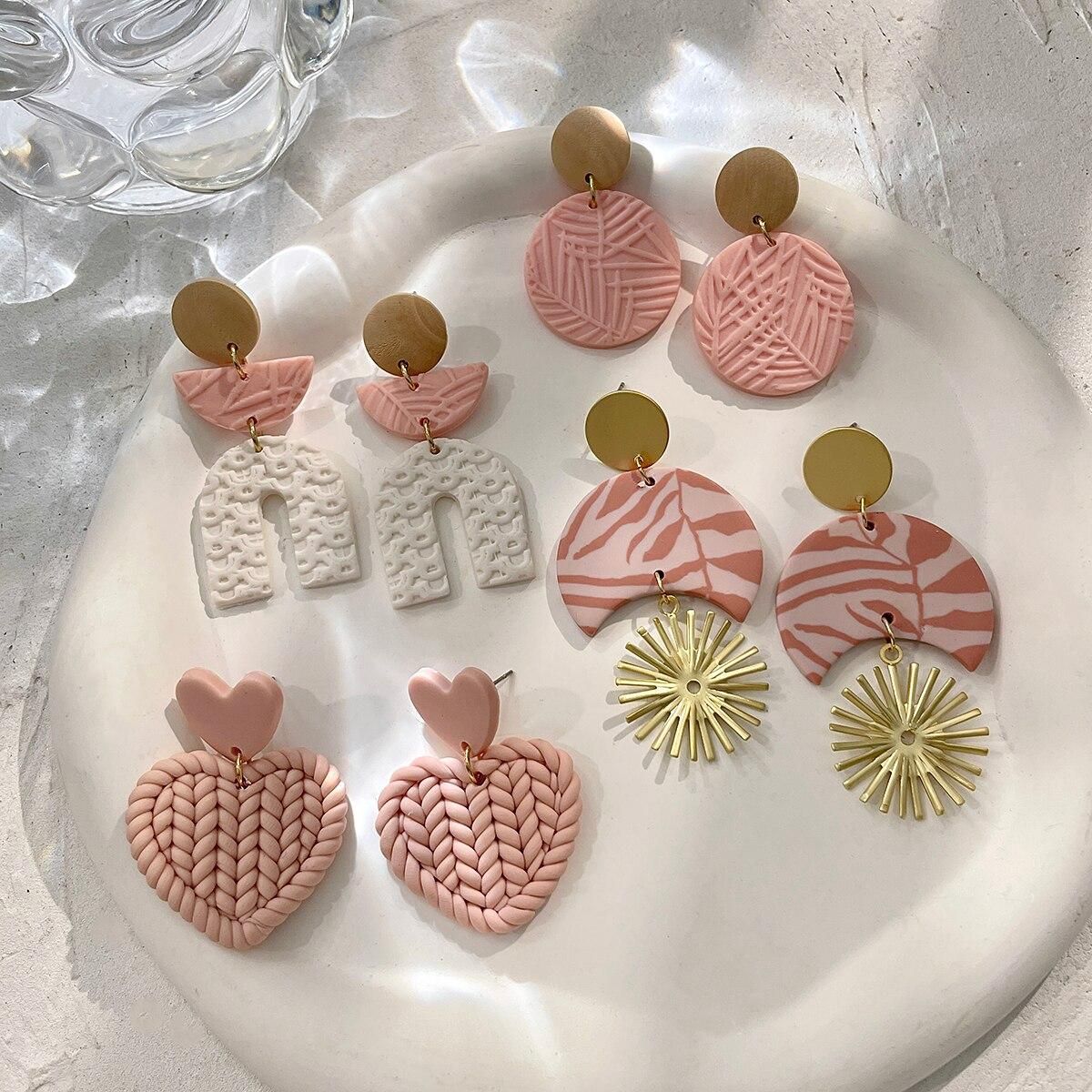 AENSOA Unique White Pink Polymer Clay Earrings for Women Handmade Braided Molded Leaf Pattern Geometric Clay Earrings Jewelry
