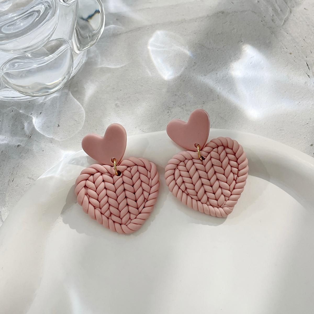 AENSOA Unique White Pink Polymer Clay Earrings for Women Handmade Braided Molded Leaf Pattern Geometric Clay Earrings Jewelry