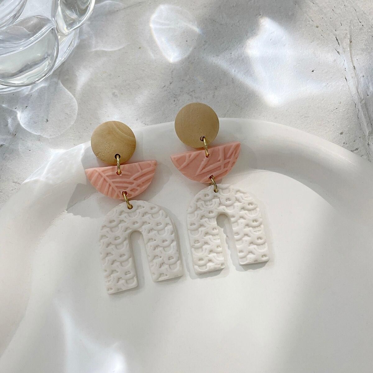 AENSOA Unique White Pink Polymer Clay Earrings for Women Handmade Braided Molded Leaf Pattern Geometric Clay Earrings Jewelry