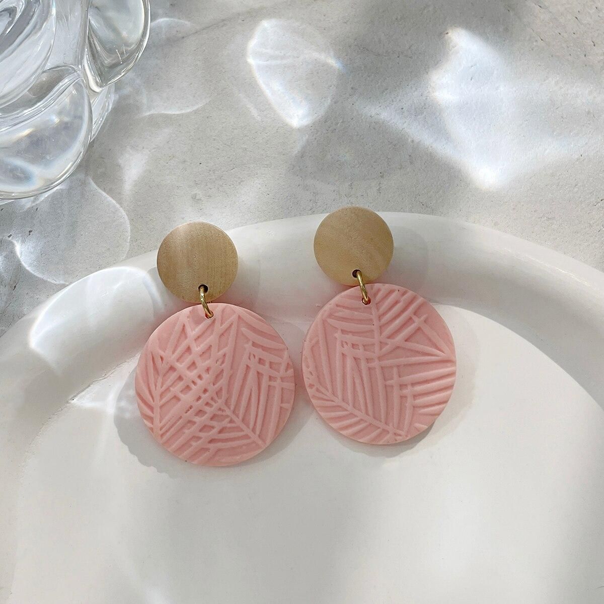 AENSOA Unique White Pink Polymer Clay Earrings for Women Handmade Braided Molded Leaf Pattern Geometric Clay Earrings Jewelry
