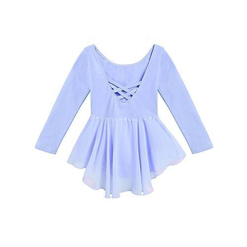 Little Girls O-Neck Long Sleeve Criss Cross Back Ruffles Solid Leotard-Sky Blue