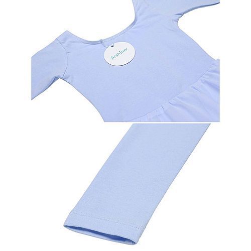 Little Girls O-Neck Long Sleeve Criss Cross Back Ruffles Solid Leotard-Sky Blue
