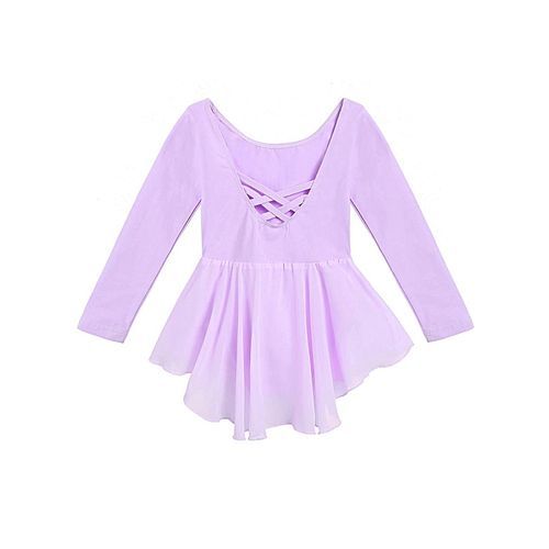 Little Girls O-Neck Long Sleeve Criss Cross Back Ruffles Solid Leotard-Purple