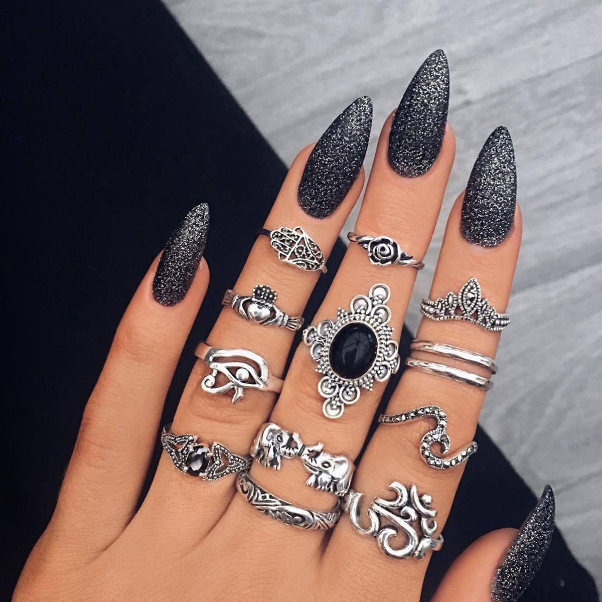 13Pcs Women Accessories Vintage Silver Elephant Black Gemstone Knuckle Ring Jewelry Set Gift