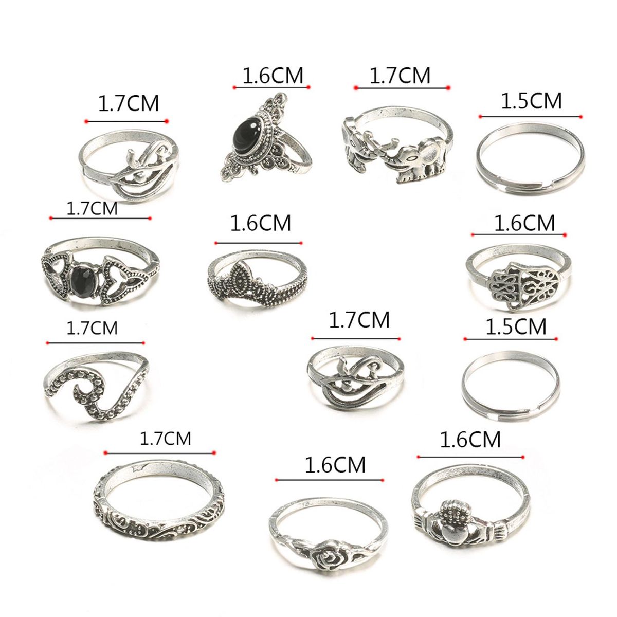 13Pcs Women Accessories Vintage Silver Elephant Black Gemstone Knuckle Ring Jewelry Set Gift
