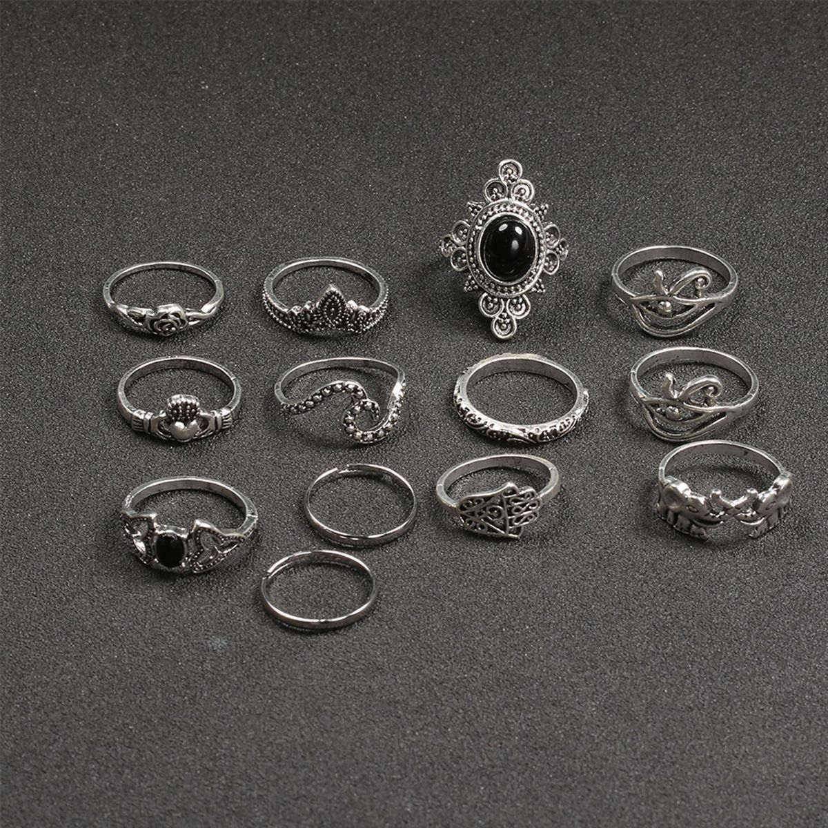 13Pcs Women Accessories Vintage Silver Elephant Black Gemstone Knuckle Ring Jewelry Set Gift