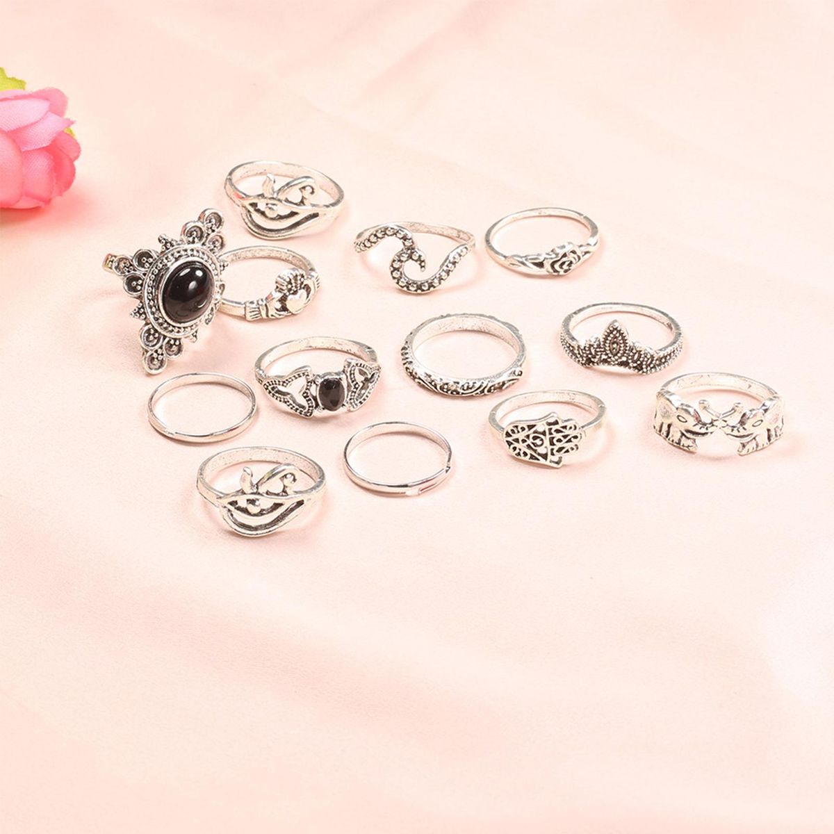 13Pcs Women Accessories Vintage Silver Elephant Black Gemstone Knuckle Ring Jewelry Set Gift