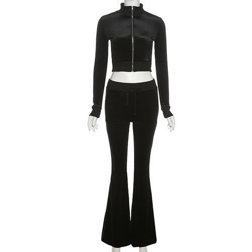 Two Piece Set Velour Women Zipper Long Sleeve Sweatsuit + Wide Leg Pants