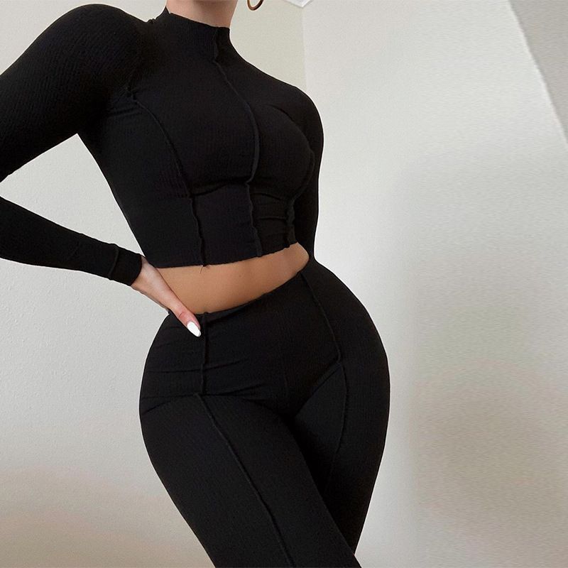 Two Piece Set Women Solid Half High Collar Skinny Crop Top Leggings Outfit