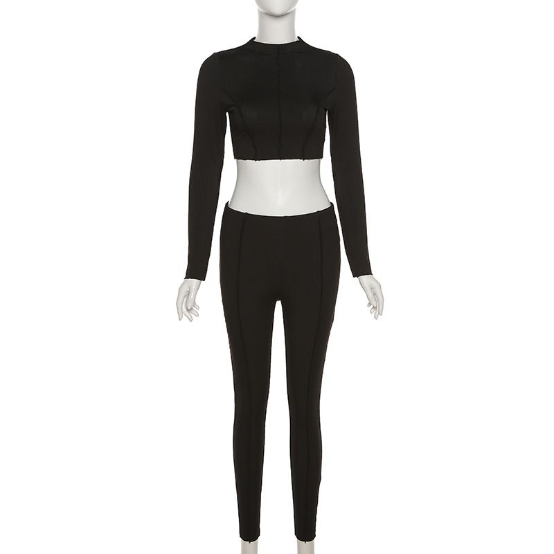 Two Piece Set Women Solid Half High Collar Skinny Crop Top Leggings Outfit