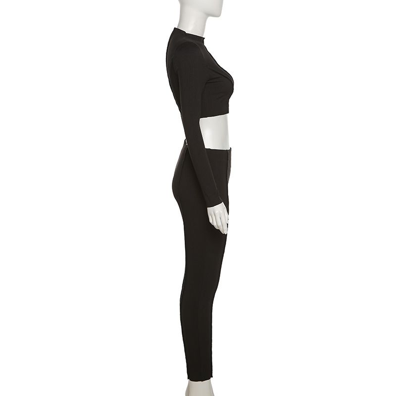 Two Piece Set Women Solid Half High Collar Skinny Crop Top Leggings Outfit