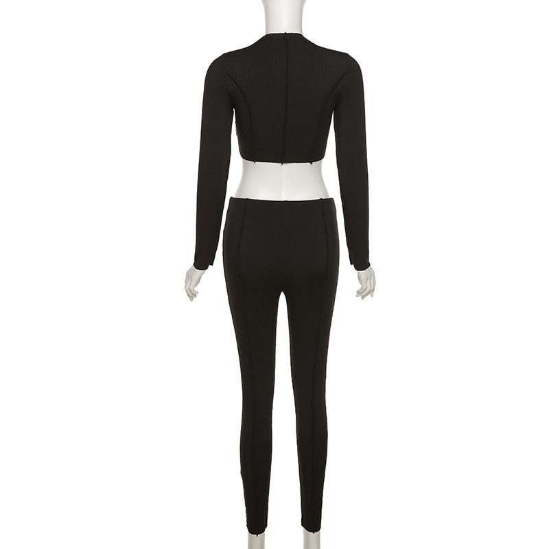 Two Piece Set Women Solid Half High Collar Skinny Crop Top Leggings Outfit
