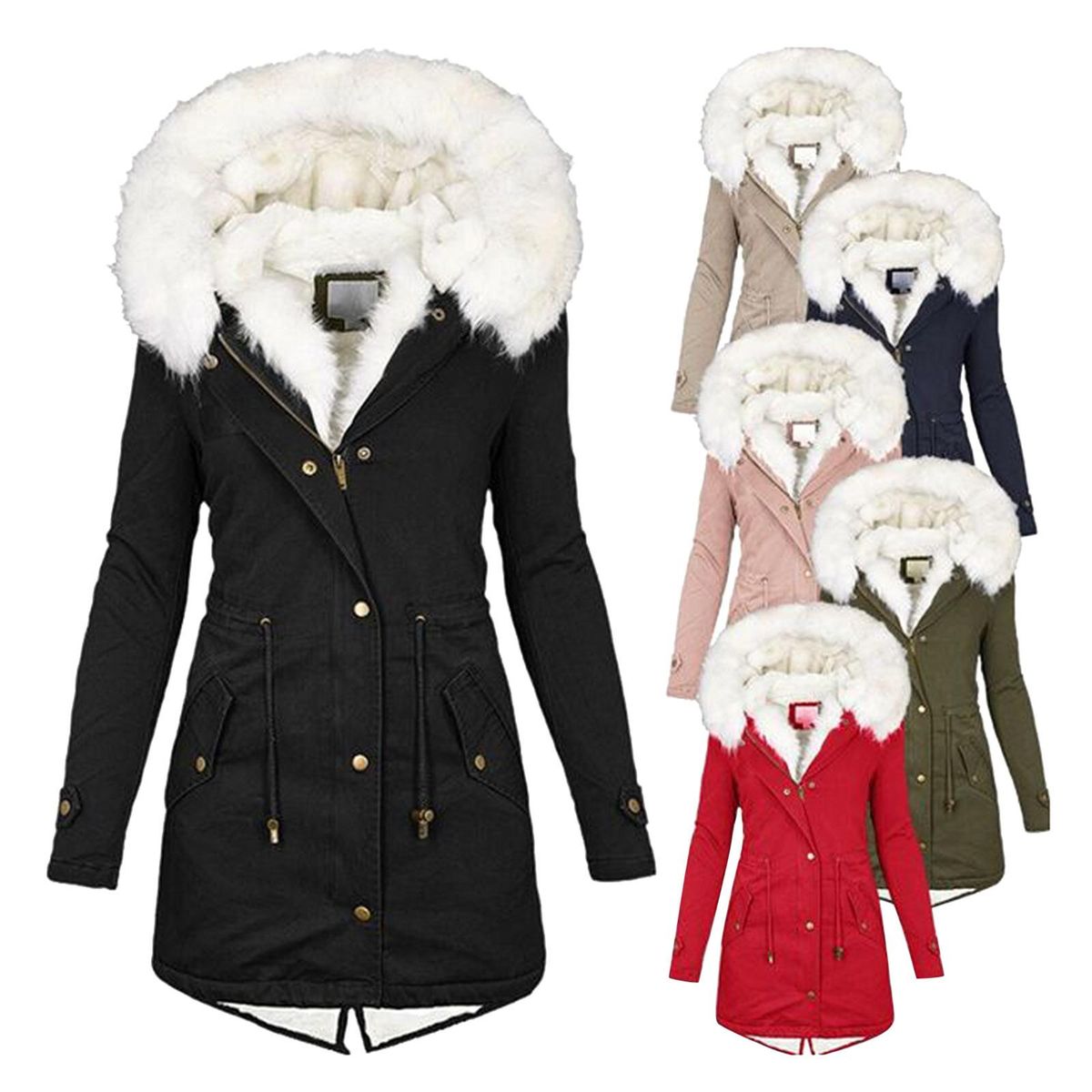 Women's autumn and winter mid length trench coat with white fur collar and hood for warmth and plush