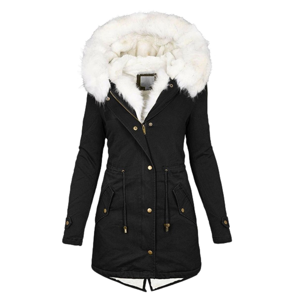 Women's autumn and winter mid length trench coat with white fur collar and hood for warmth and plush