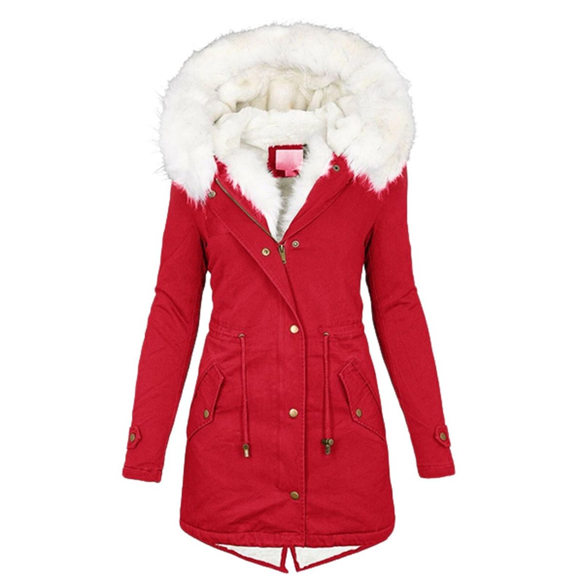 Women's autumn and winter mid length trench coat with white fur collar and hood for warmth and plush