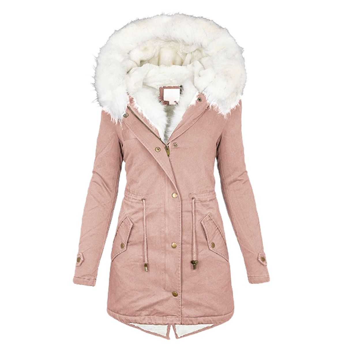 Women's autumn and winter mid length trench coat with white fur collar and hood for warmth and plush