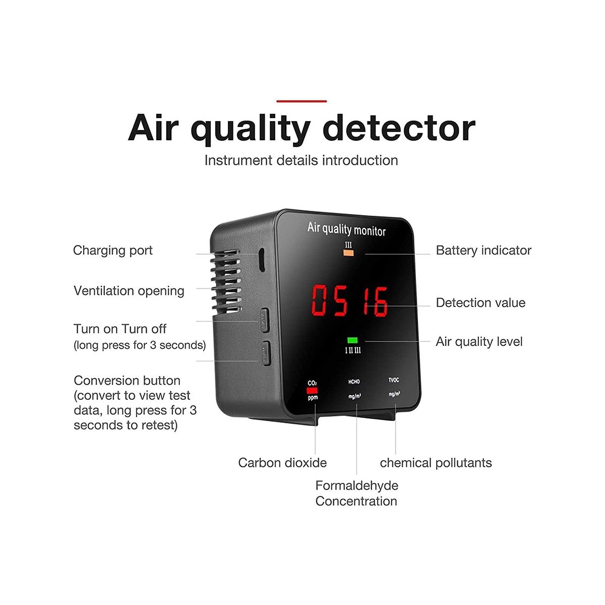 Air Monitoring, Indoor Air Quality Sensor Formaldehyde Tester Device Portable Detector for Carbon Dioxide TVOC Carbon
