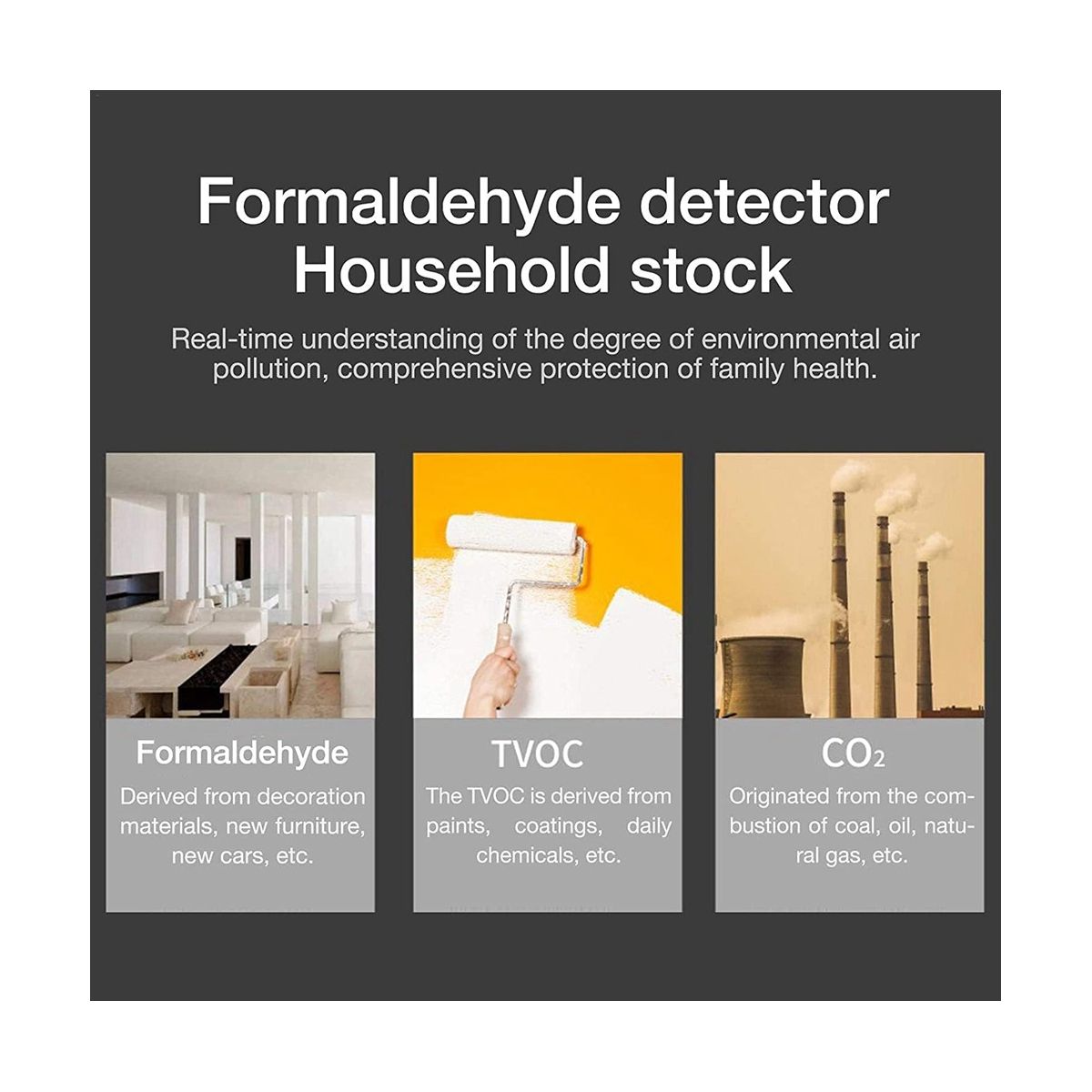 Air Monitoring, Indoor Air Quality Sensor Formaldehyde Tester Device Portable Detector for Carbon Dioxide TVOC Carbon