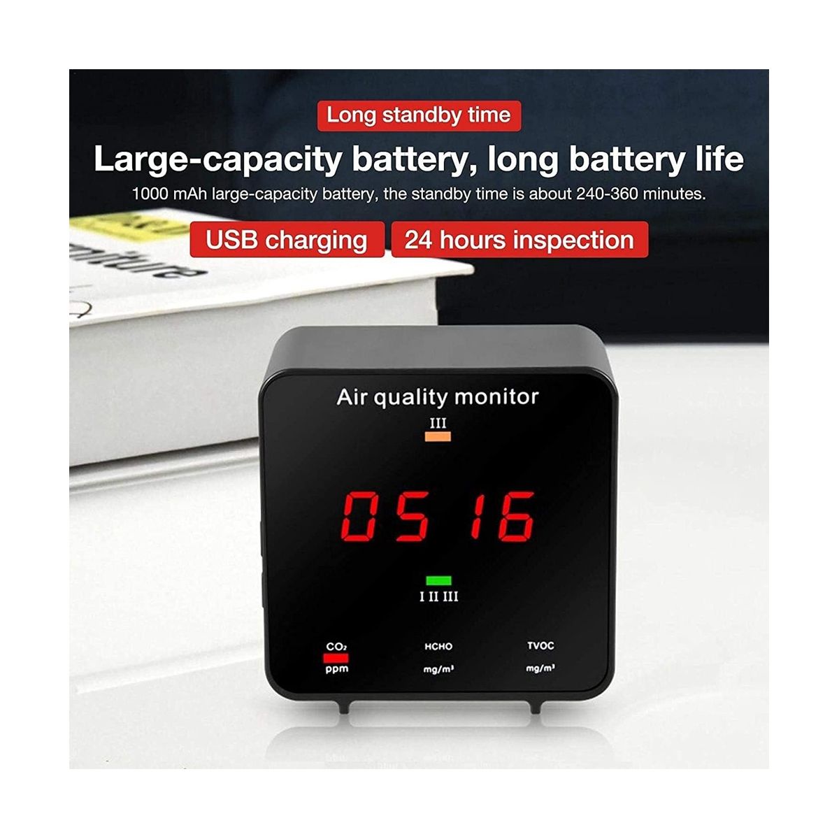 Air Monitoring, Indoor Air Quality Sensor Formaldehyde Tester Device Portable Detector for Carbon Dioxide TVOC Carbon