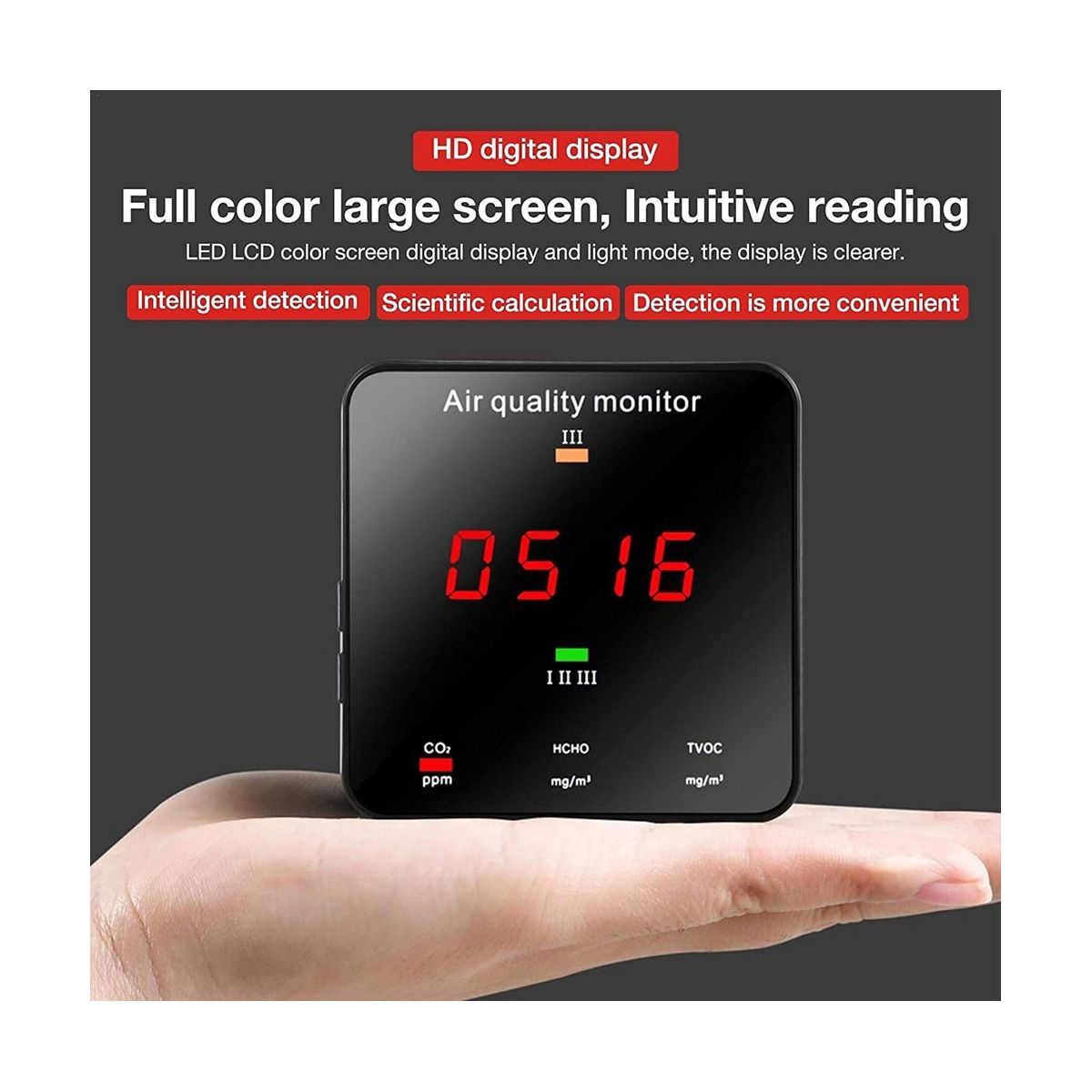 Air Monitoring, Indoor Air Quality Sensor Formaldehyde Tester Device Portable Detector for Carbon Dioxide TVOC Carbon