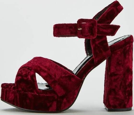 Stylish Crushed Velvet Platform Block Heel Sandals- Burgundy