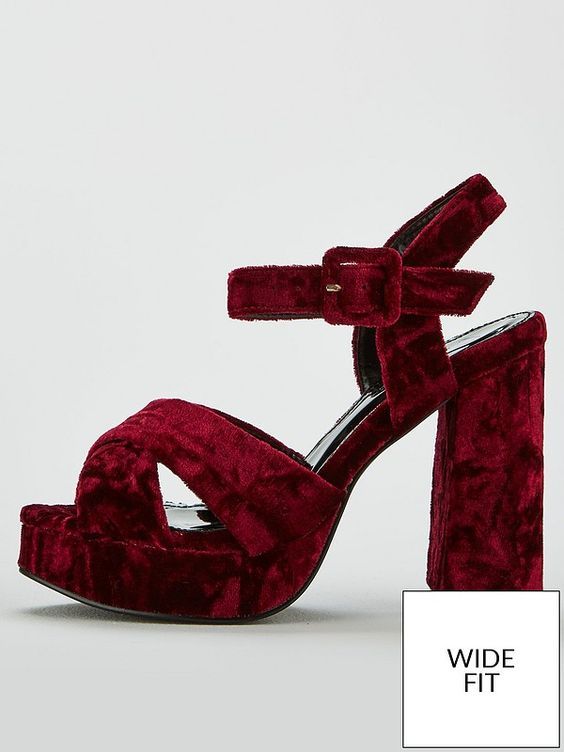 Stylish Crushed Velvet Platform Block Heel Sandals- Burgundy