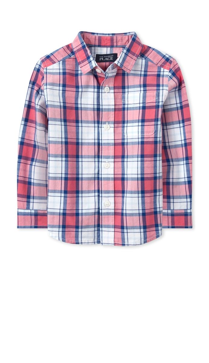 Boys Plaid Checkered Longsleeve Shirt- Coral And Blue