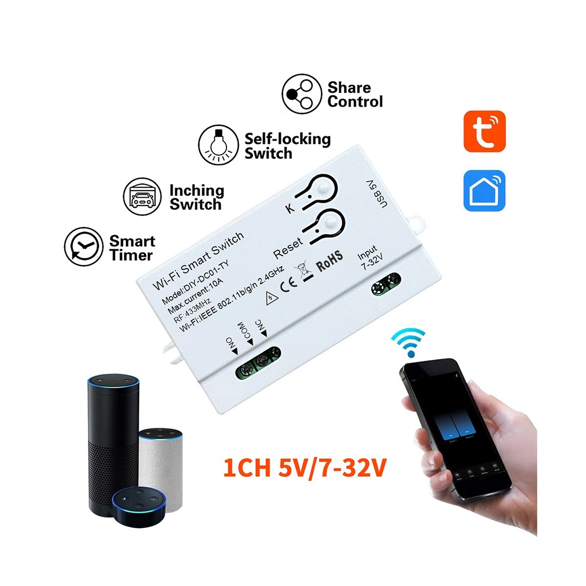 Tuya WiFi Smart Switch DIY Timer 1CH 7-32V USB 5V 2.4G