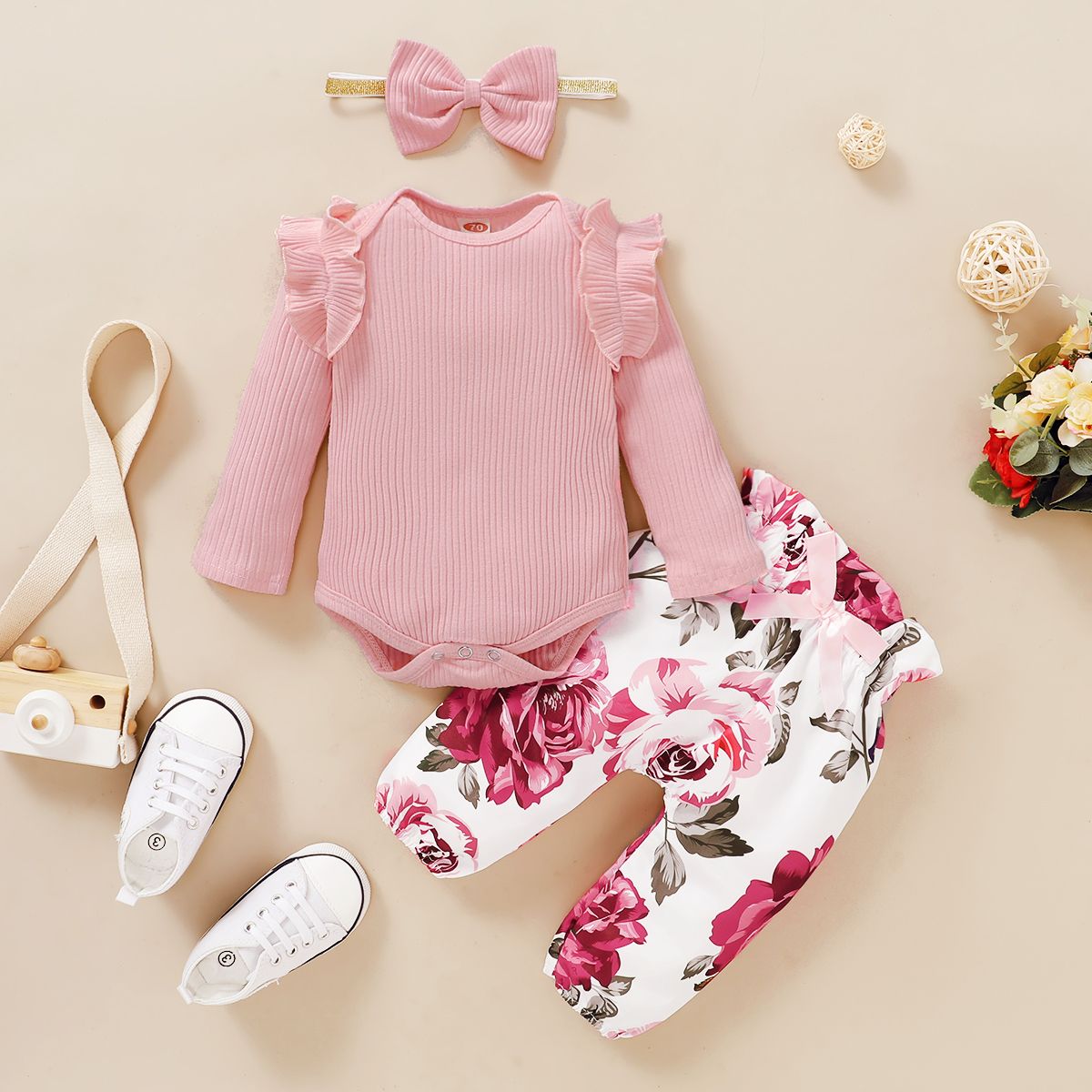 Baby Girls Outfit Set Pink Long Sleeve Ripped Bodysuit + Floral Print + Headband