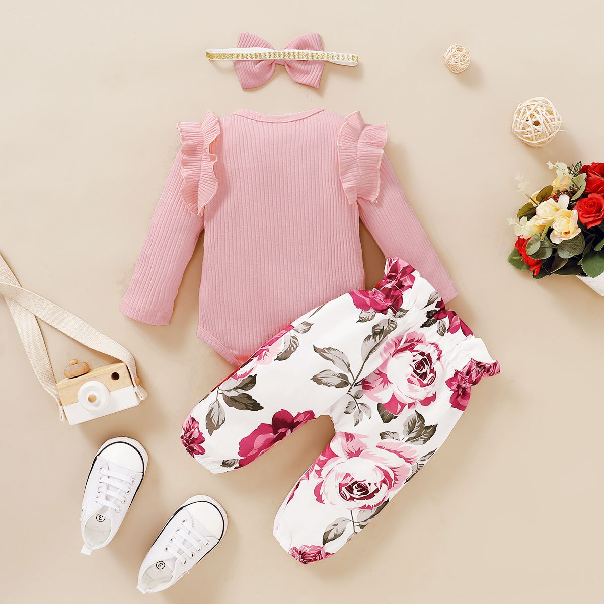 Baby Girls Outfit Set Pink Long Sleeve Ripped Bodysuit + Floral Print + Headband