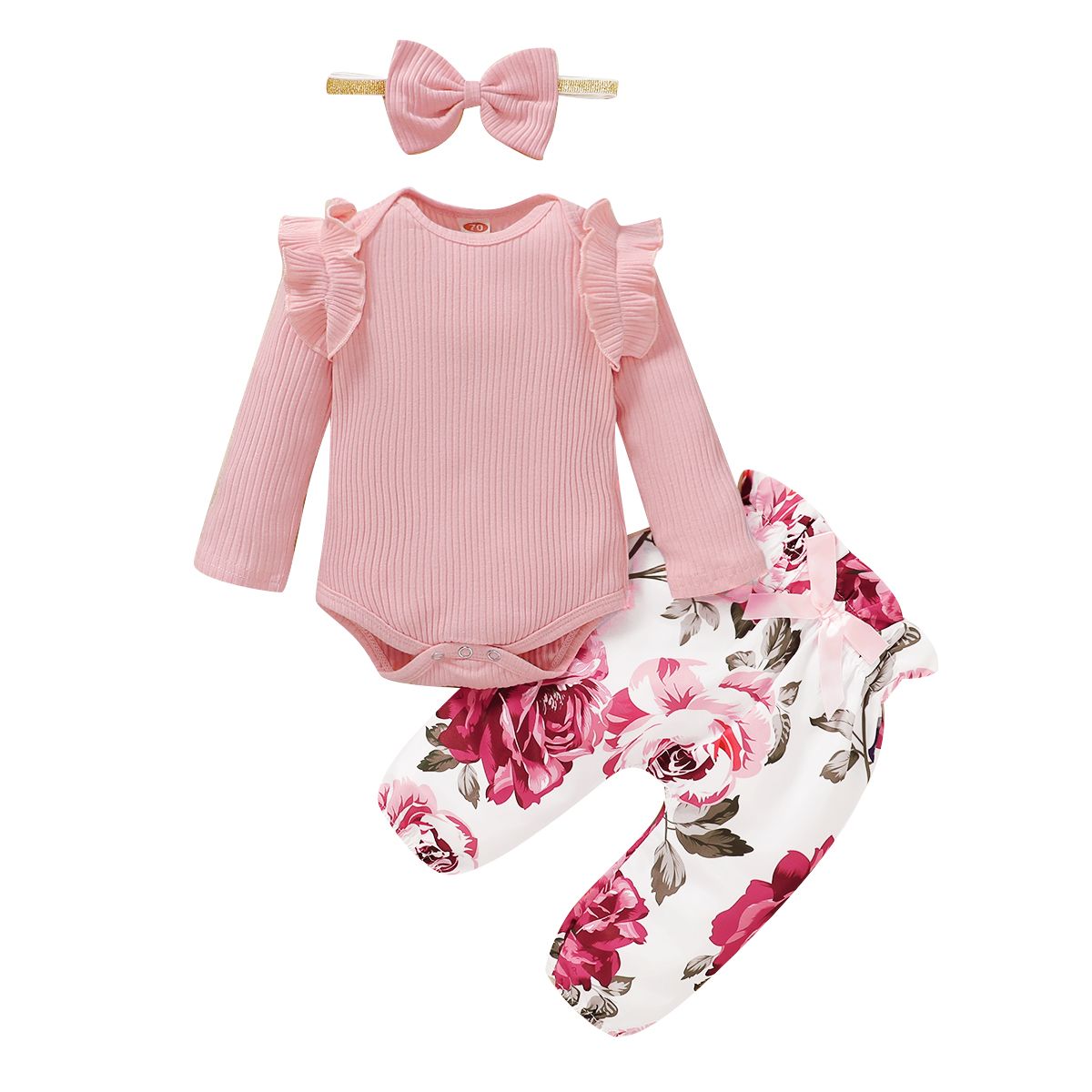 Baby Girls Outfit Set Pink Long Sleeve Ripped Bodysuit + Floral Print + Headband