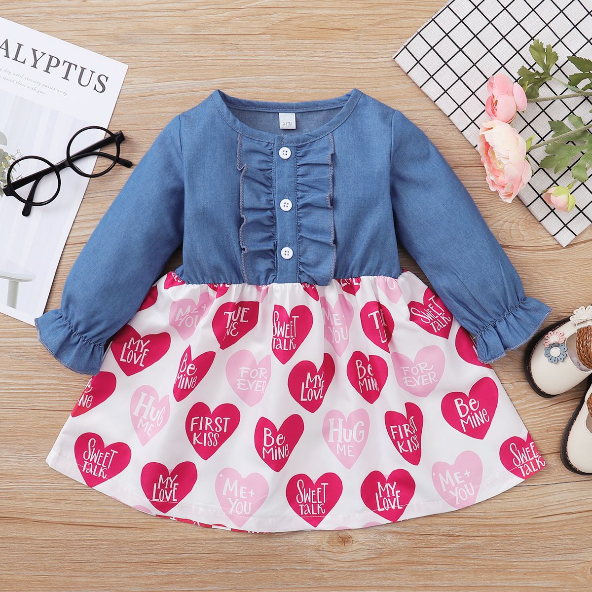 Baby Girls Long Sleeves Denim Patchwork Hearts Design Dress