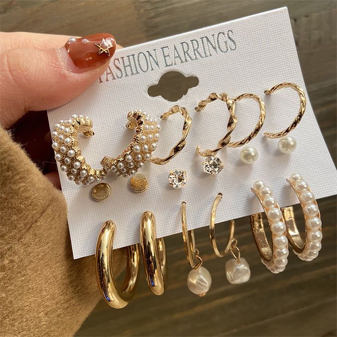 6 Pairs Ladies Hoop Diamond Pearl Earrings Set Punk Earrings