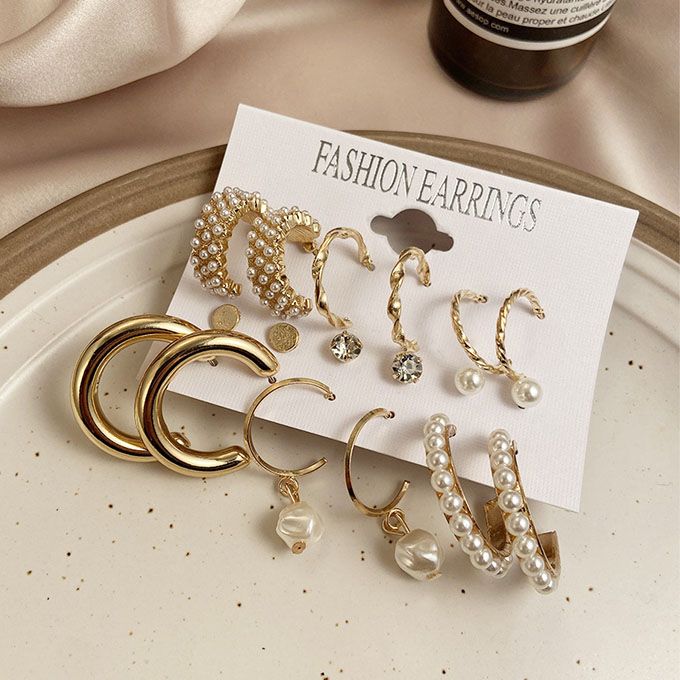 6 Pairs Ladies Hoop Diamond Pearl Earrings Set Punk Earrings