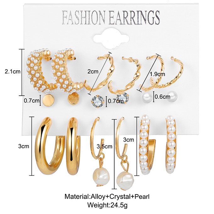 6 Pairs Ladies Hoop Diamond Pearl Earrings Set Punk Earrings