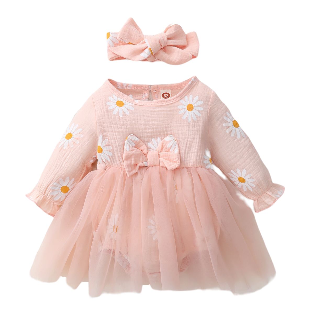 Newborn Baby Girls Daisy Floral Long Sleeves Tulle Princess Dress -Pink