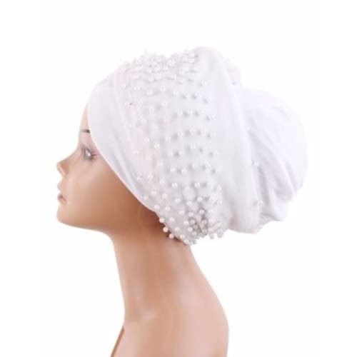 Double Wrap Beaded Net Turban - White