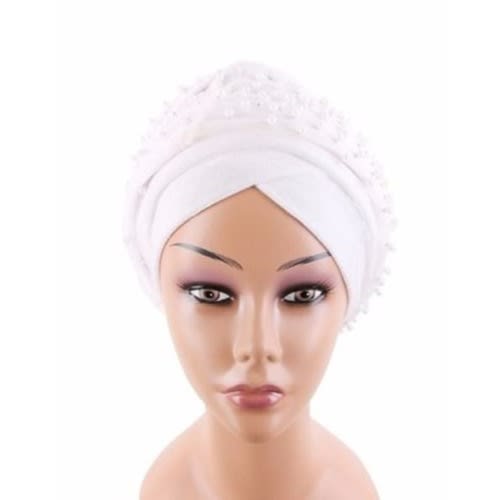Double Wrap Beaded Net Turban - White