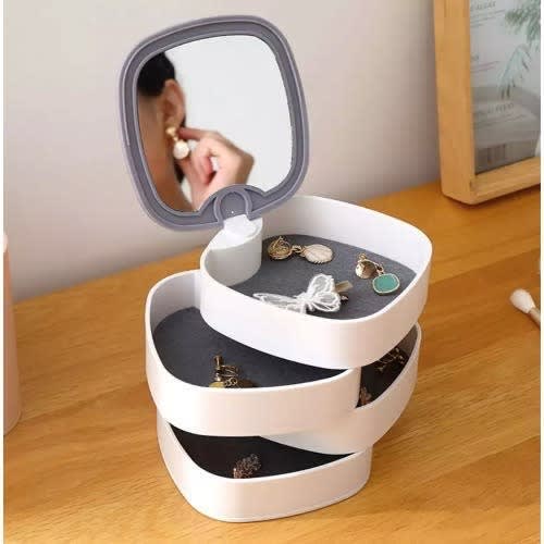 Rotating Jewelry Organizer Box With Mirror