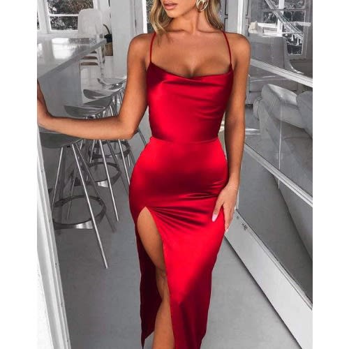 Long Dinner Dress With Slit - Red