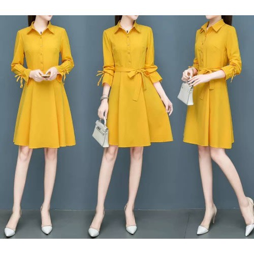 Tie Sleeve Shirt Dress - Yellow