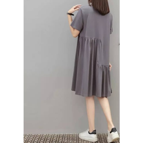 Round Neck Shift Dress- Grey