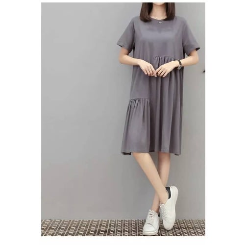 Round Neck Shift Dress- Grey
